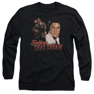 Black men's long sleeve t-shirt with Elvis Presley Follow That Dream graphic