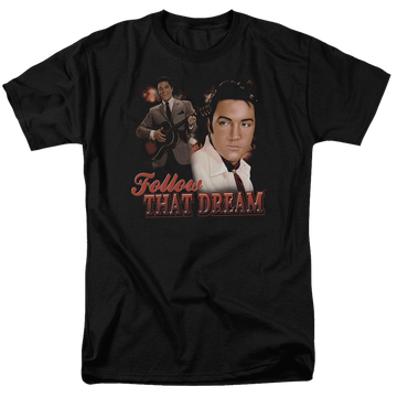 Black men's regular fit t-shirt with Elvis Presley Follow That Dream graphic