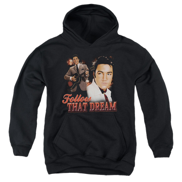 Black youth hoodie for ages 8 to 12 with Elvis Presley Follow That Dream graphic