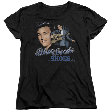 Black women's t-shirt with Elvis Presley Blue Suede Shoes graphic