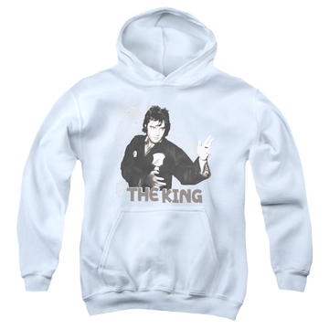 White youth hoodie for ages 8 to 12 with Elvis Presley Fighting King graphic