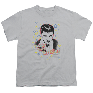 Silver youth t-shirt for ages 8 to 12 with Elvis Presley Rockin With The King graphic
