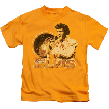 Gold kid's t-shirt for ages 4 to 7 with Elvis Presley Singing Hawaii Style graphic