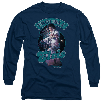 Navy men's long sleeve t-shirt with Elvis Presley Total Trouble graphic