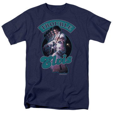 Navy men's regular fit t-shirt with Elvis Presley Total Trouble graphic