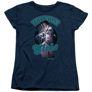Navy women's t-shirt with Elvis Presley Total Trouble graphic