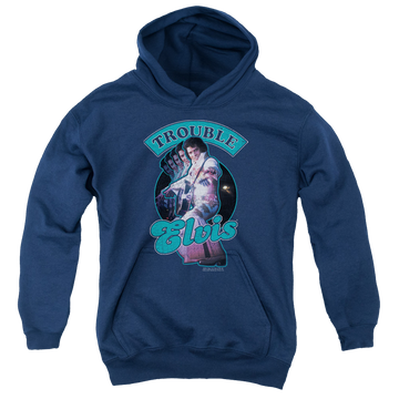 Navy youth hoodie for ages 8 to 12 with Elvis Presley Total Trouble graphic