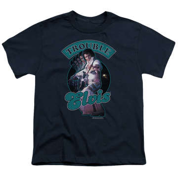 Navy youth t-shirt for ages 8 to 12 with Elvis Presley Total Trouble graphic