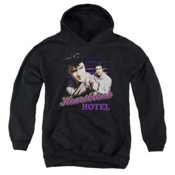 Black youth hoodie for ages 8 to 12 with Elvis Presley Heartbreak Hotel graphic