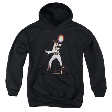 Black youth hoodie for ages 8 to 12 with Elvis Presley Glorious graphic