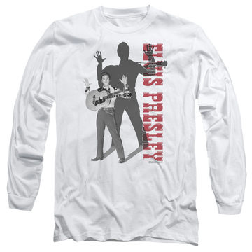 White men's long sleeve t-shirt with Elvis Presley Look No Hands graphic