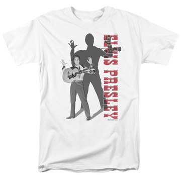 White men's regular fit t-shirt with Elvis Presley Look No Hands graphic