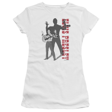 White juniors t-shirt with Elvis Presley Look No Hands graphic