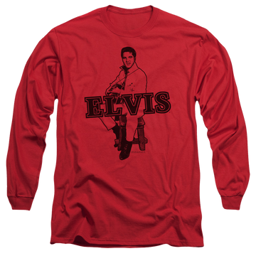 Red men's long sleeve t-shirt with Elvis Presley Jamming graphic