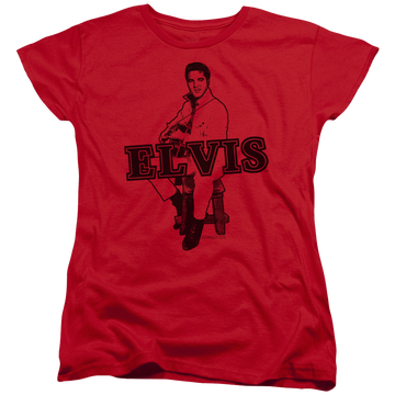 Red women's t-shirt with Elvis Presley Jamming graphic