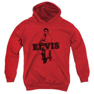 Red youth hoodie for ages 8 to 12 with Elvis Presley Jamming graphic