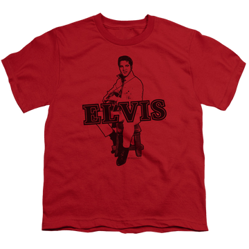 Red youth t-shirt for ages 8 to 12 with Elvis Presley Jamming graphic