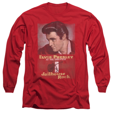Red men's long sleeve t-shirt with Elvis Presley Jailhouse Rock Poster graphic