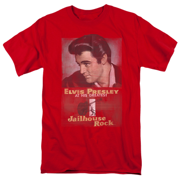 Red men's regular fit t-shirt with Elvis Presley Jailhouse Rock Poster graphic