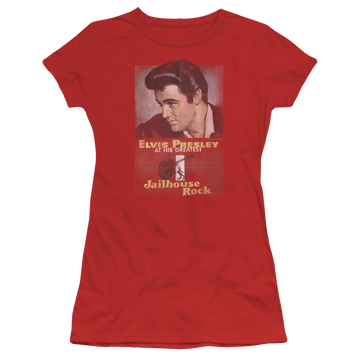 Red juniors t-shirt with Elvis Presley Jailhouse Rock Poster graphic