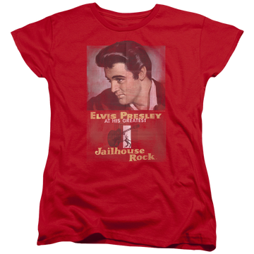 Red women's t-shirt with Elvis Presley Jailhouse Rock Poster graphic