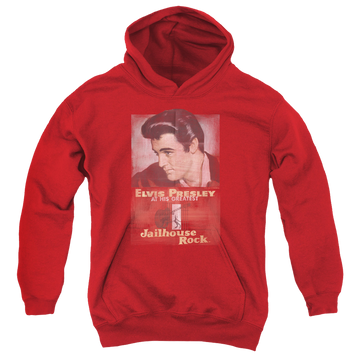Red youth hoodie for ages 8 to 12 with Elvis Presley Jailhouse Rock Poster graphic