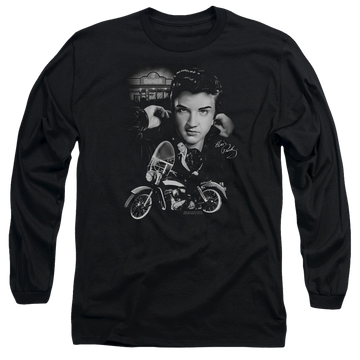 Black men's long sleeve t-shirt with Elvis Presley The King Rides Again graphic