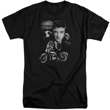 Black men's tall fit t-shirt with Elvis Presley The King Rides Again graphic