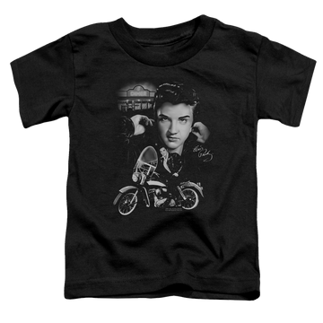 Black toddler t-shirt with Elvis Presley The King Rides Again graphic