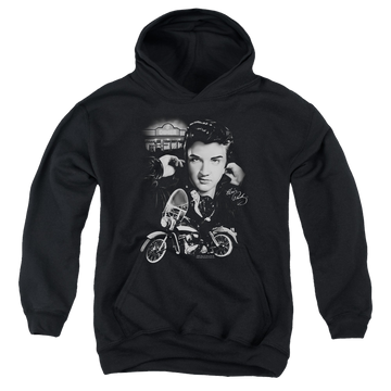 Black youth hoodie for ages 8 to 12 with Elvis Presley The King Rides Again graphic