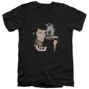 Black men's v-neck t-shirt with Elvis Presley Home Sweet Home graphic