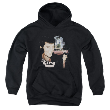 Black youth hoodie for ages 8 to 12 with Elvis Presley Home Sweet Home graphic