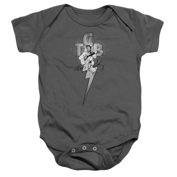Charcoal baby bodysuit with Elvis Presley Tcb Ornate graphic