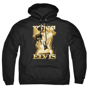 Black pullover hoodie with Elvis Presley The King graphic