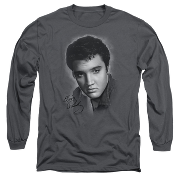 Charcoal men's long sleeve t-shirt with Elvis Presley Grey Portrait graphic