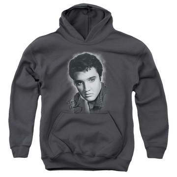 Charcoal youth hoodie for ages 8 to 12 with Elvis Presley Grey Portrait graphic