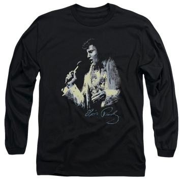 Black men's long sleeve t-shirt with Elvis Presley Painted King graphic
