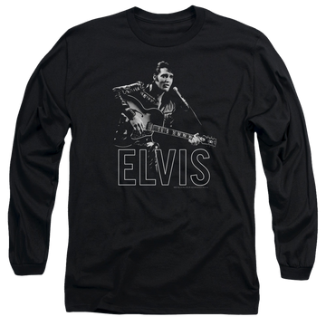 Black men's long sleeve t-shirt with Elvis Presley Guitar In Hand graphic