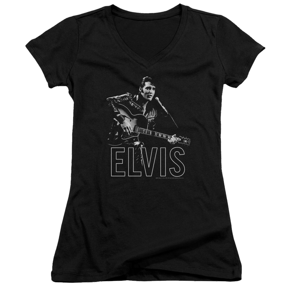 Elvis Presley Guitar In Hand - Juniors V-Neck T-Shirt Juniors V-Neck T-Shirt Elvis Presley