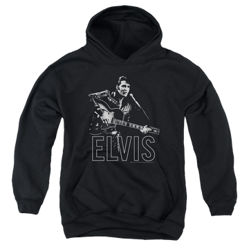 Black youth hoodie for ages 8 to 12 with Elvis Presley Guitar In Hand graphic