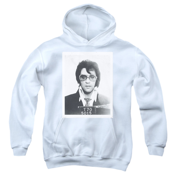 White youth hoodie for ages 8 to 12 with Elvis Presley Framed graphic
