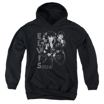 Black youth hoodie for ages 8 to 12 with Elvis Presley Leathered graphic