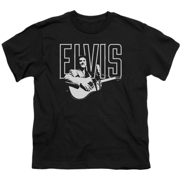Black youth t-shirt for ages 8 to 12 with Elvis Presley White Glow graphic