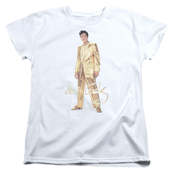 White women's t-shirt with Elvis Presley Gold Lame Suit graphic