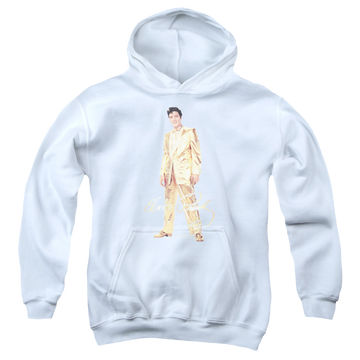 White youth hoodie for ages 8 to 12 with Elvis Presley Gold Lame Suit graphic