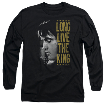 Black men's long sleeve t-shirt with Elvis Presley Long Live The King graphic