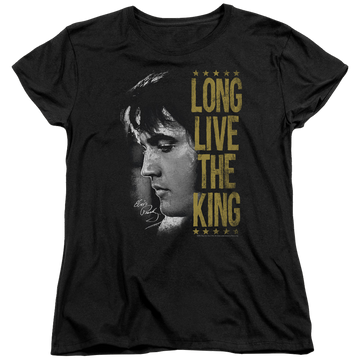 Black women's t-shirt with Elvis Presley Long Live The King graphic