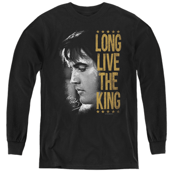 Black youth long sleeve t-shirt with Elvis Presley Long Live The King graphic