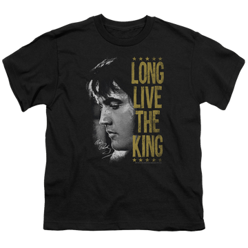 Black youth t-shirt for ages 8 to 12 with Elvis Presley Long Live The King graphic