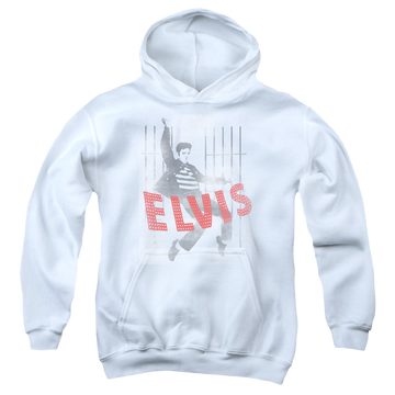 White youth hoodie for ages 8 to 12 with Elvis Presley Iconic Pose graphic